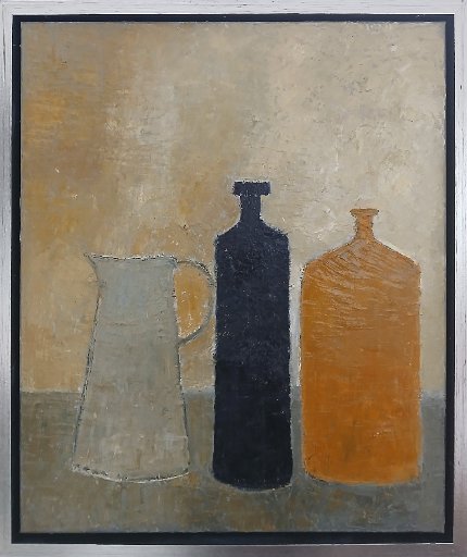 Stilleven met kan en flessen1.jpg - Stilleven met kan en flessen, olieverf op doek, 50x70cm